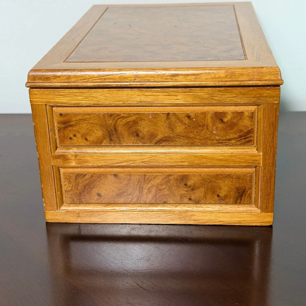 Vintage Burl Wood Jewelry Box Mirror Top Drawer Velvet Lined Trinket Organizer